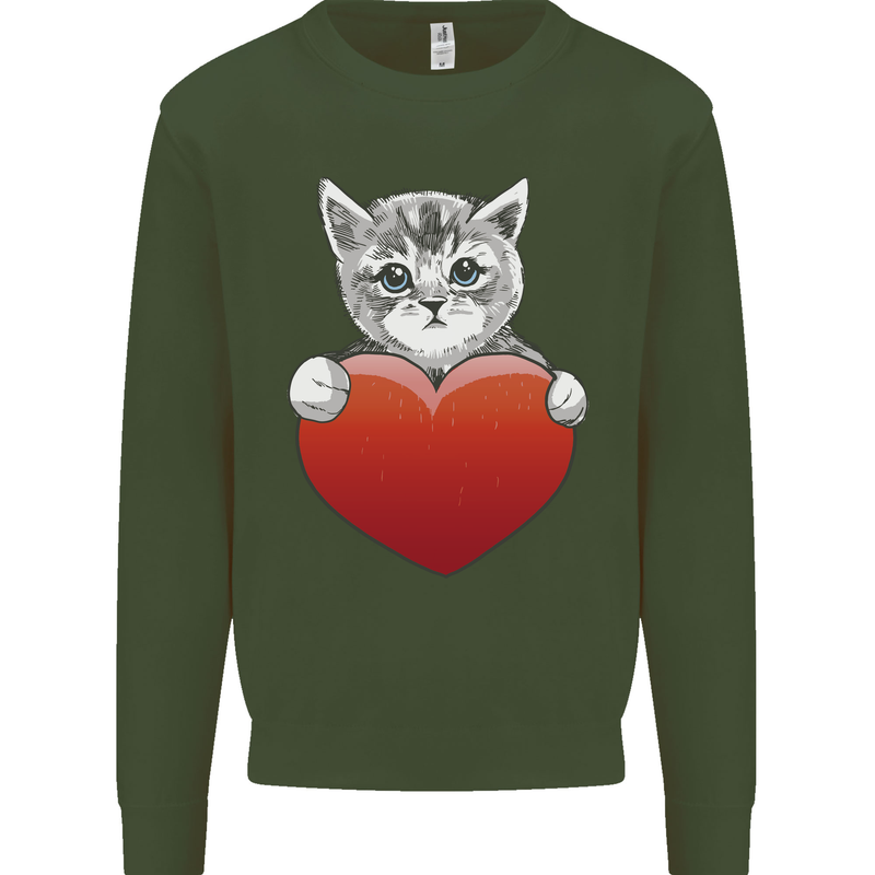 A Cute Cat With a Heart Love Valentines Day Mens Sweatshirt Jumper Forest Green