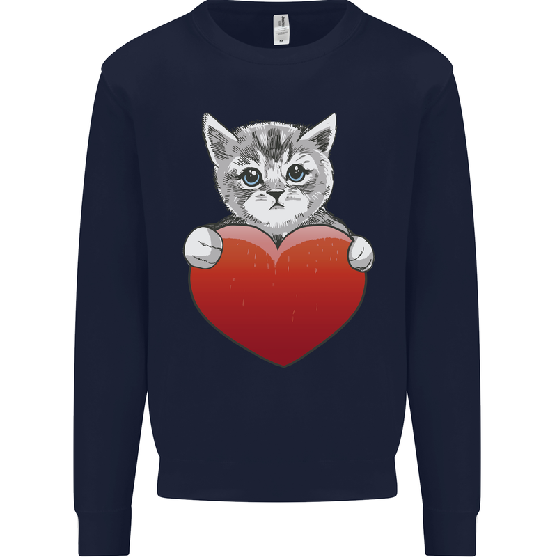 A Cute Cat With a Heart Love Valentines Day Mens Sweatshirt Jumper Navy Blue