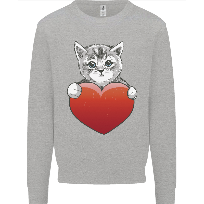A Cute Cat With a Heart Love Valentines Day Mens Sweatshirt Jumper Sports Grey