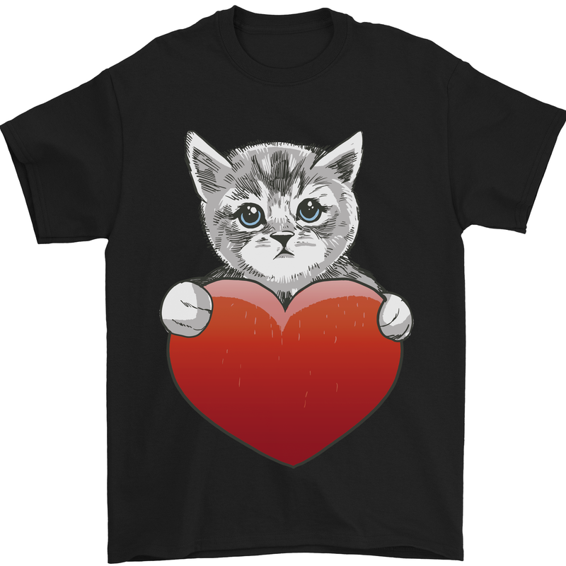 A Cute Cat With a Heart Love Valentines Day Mens T-Shirt 100% Cotton Black