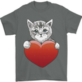 A Cute Cat With a Heart Love Valentines Day Mens T-Shirt 100% Cotton Charcoal