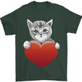 A Cute Cat With a Heart Love Valentines Day Mens T-Shirt 100% Cotton Forest Green