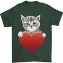 A Cute Cat With a Heart Love Valentines Day Mens T-Shirt 100% Cotton Forest Green