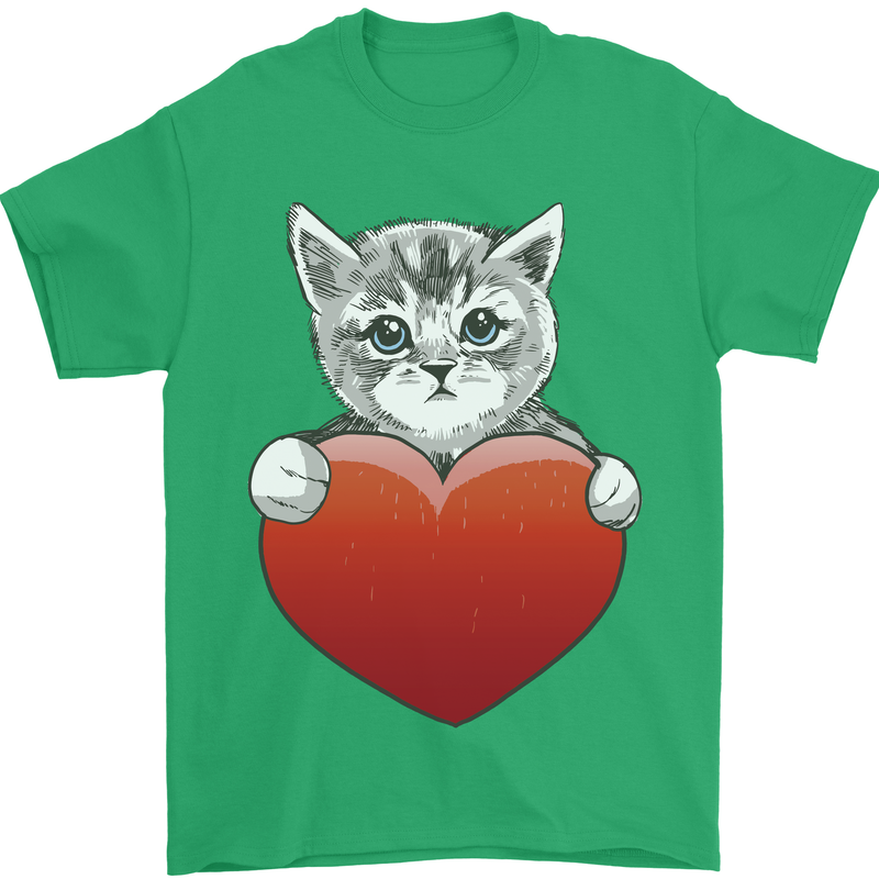 A Cute Cat With a Heart Love Valentines Day Mens T-Shirt 100% Cotton Irish Green