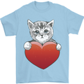 A Cute Cat With a Heart Love Valentines Day Mens T-Shirt 100% Cotton Light Blue
