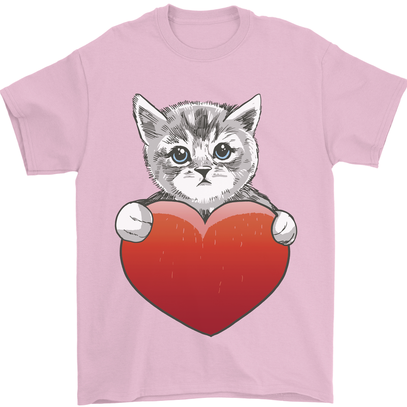 A Cute Cat With a Heart Love Valentines Day Mens T-Shirt 100% Cotton Light Pink
