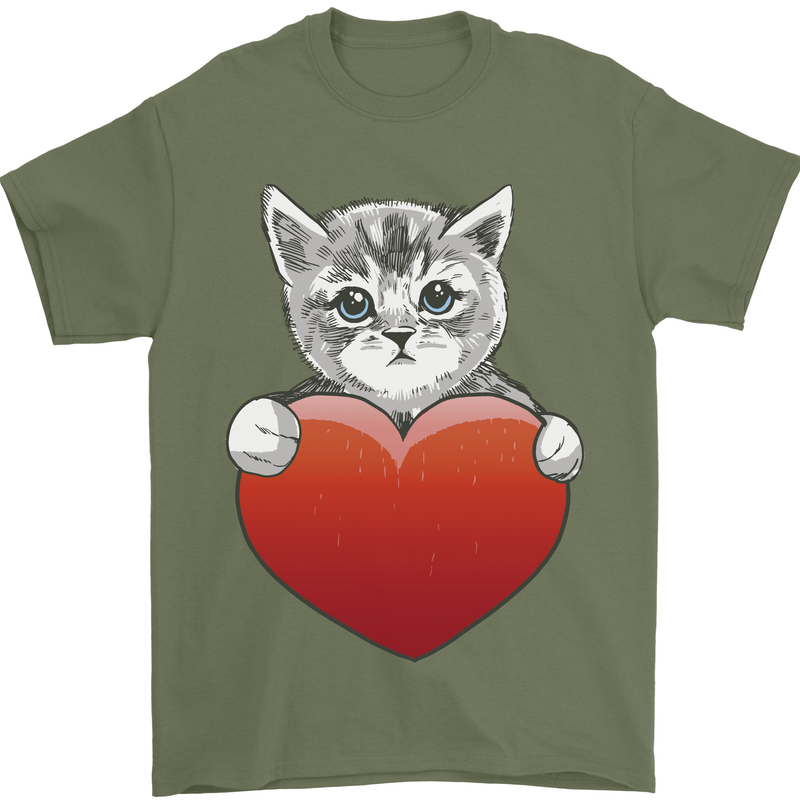 A Cute Cat With a Heart Love Valentines Day Mens T-Shirt 100% Cotton Military Green