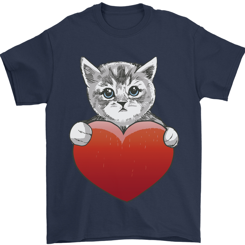A Cute Cat With a Heart Love Valentines Day Mens T-Shirt 100% Cotton Navy Blue