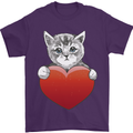 A Cute Cat With a Heart Love Valentines Day Mens T-Shirt 100% Cotton Purple