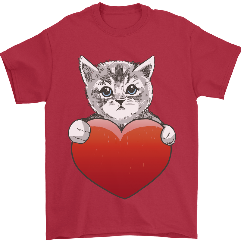 A Cute Cat With a Heart Love Valentines Day Mens T-Shirt 100% Cotton Red