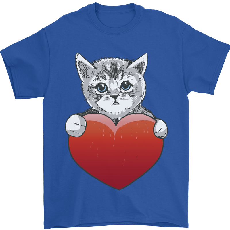 A Cute Cat With a Heart Love Valentines Day Mens T-Shirt 100% Cotton Royal Blue