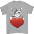A Cute Cat With a Heart Love Valentines Day Mens T-Shirt 100% Cotton Sports Grey