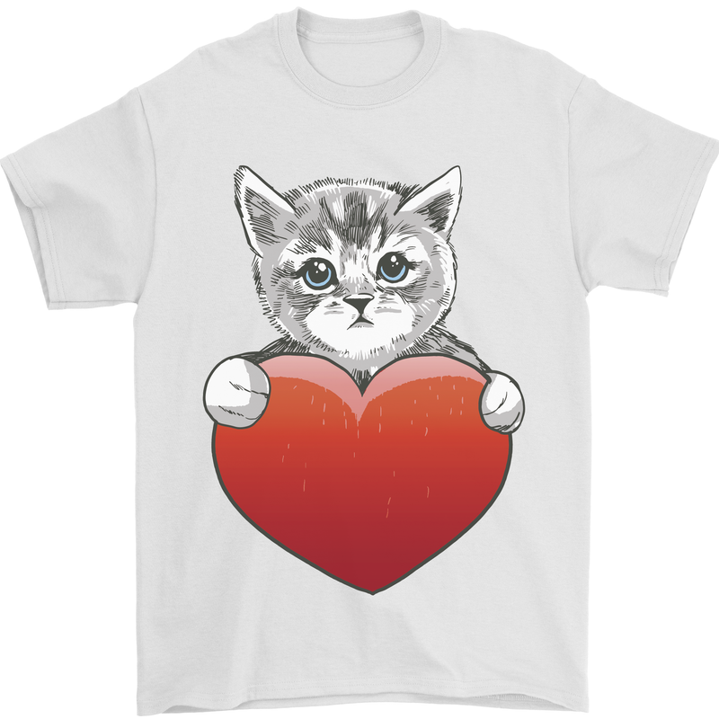 A Cute Cat With a Heart Love Valentines Day Mens T-Shirt 100% Cotton White