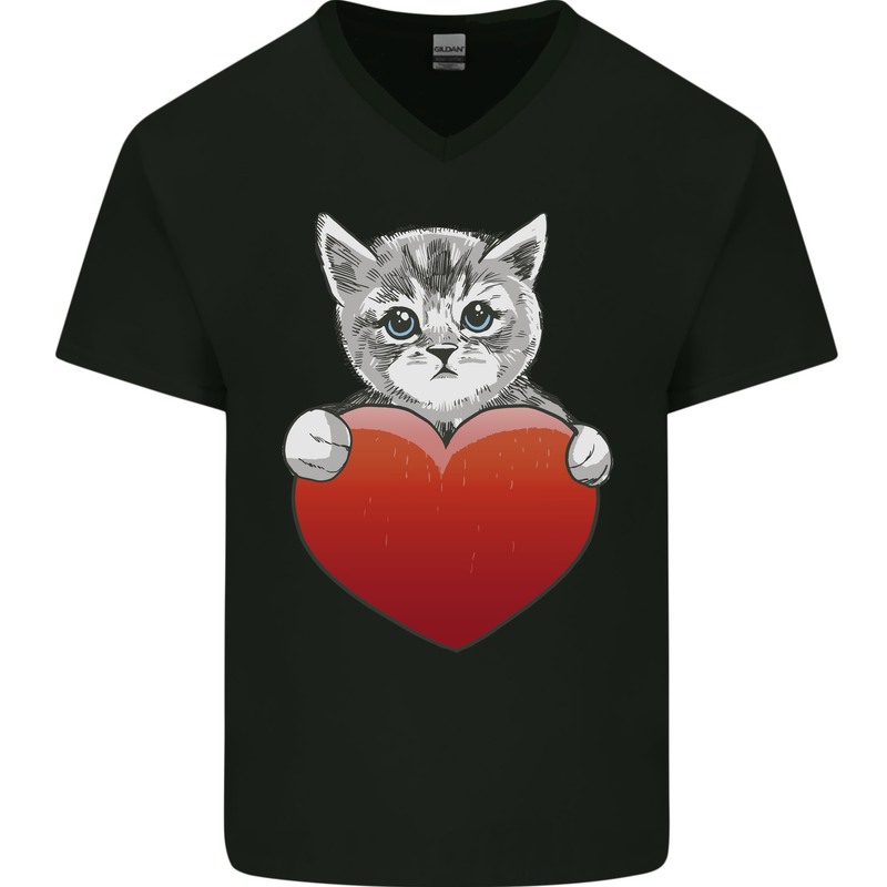 A Cute Cat With a Heart Love Valentines Day Mens V-Neck Cotton T-Shirt Black