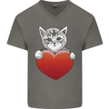 A Cute Cat With a Heart Love Valentines Day Mens V-Neck Cotton T-Shirt Charcoal