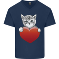 A Cute Cat With a Heart Love Valentines Day Mens V-Neck Cotton T-Shirt Navy Blue