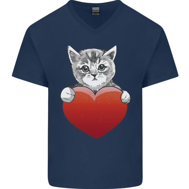 A Cute Cat With a Heart Love Valentines Day Mens V-Neck Cotton T-Shirt Navy Blue