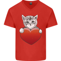 A Cute Cat With a Heart Love Valentines Day Mens V-Neck Cotton T-Shirt Red