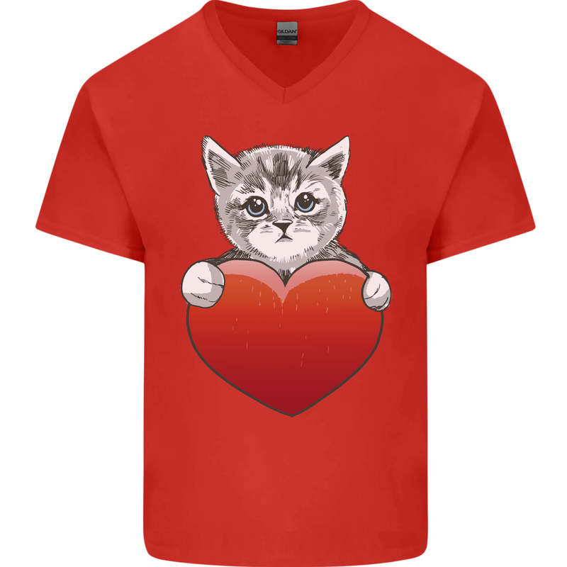 A Cute Cat With a Heart Love Valentines Day Mens V-Neck Cotton T-Shirt Red