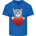 A Cute Cat With a Heart Love Valentines Day Mens V-Neck Cotton T-Shirt Royal Blue