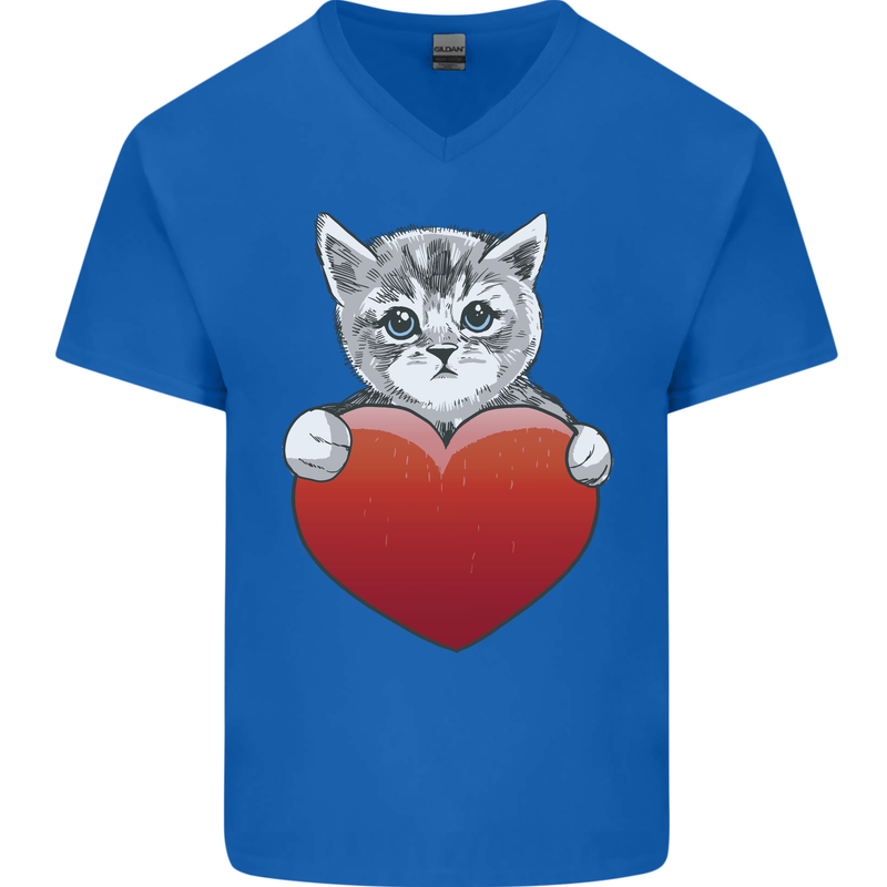 A Cute Cat With a Heart Love Valentines Day Mens V-Neck Cotton T-Shirt Royal Blue