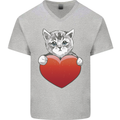 A Cute Cat With a Heart Love Valentines Day Mens V-Neck Cotton T-Shirt Sports Grey