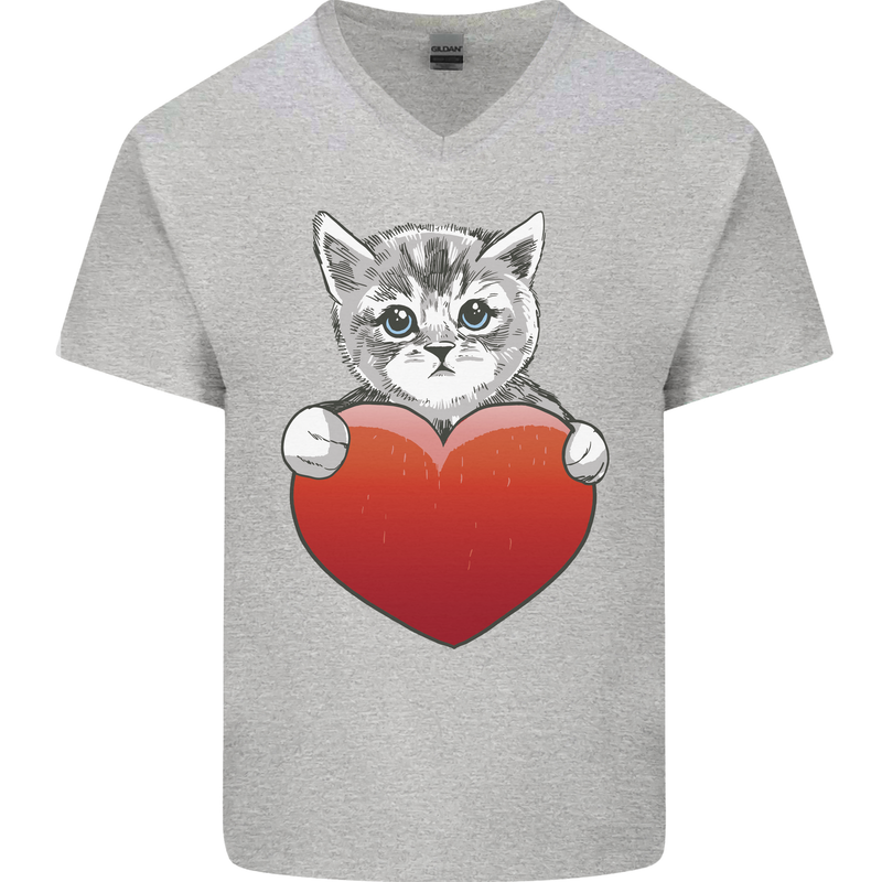 A Cute Cat With a Heart Love Valentines Day Mens V-Neck Cotton T-Shirt Sports Grey