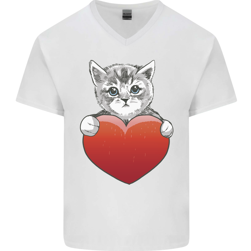 A Cute Cat With a Heart Love Valentines Day Mens V-Neck Cotton T-Shirt White