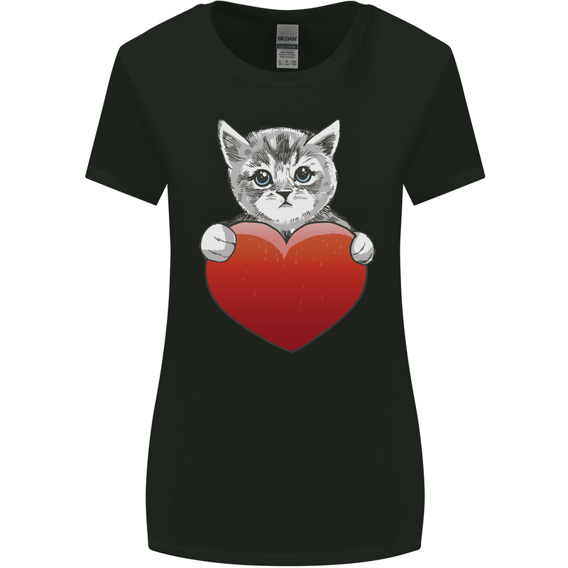 A Cute Cat With a Heart Love Valentines Day Womens Wider Cut T-Shirt Black