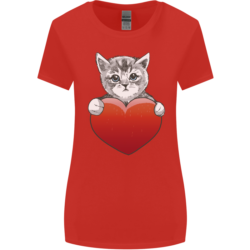 A Cute Cat With a Heart Love Valentines Day Womens Wider Cut T-Shirt Red