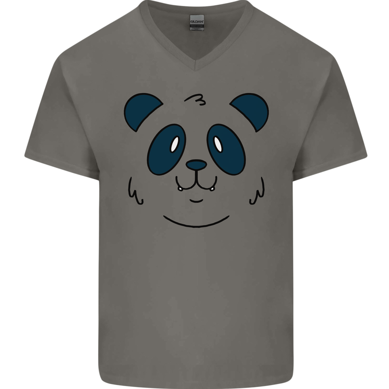 A Cute Panda Bear Face Mens V-Neck Cotton T-Shirt Charcoal