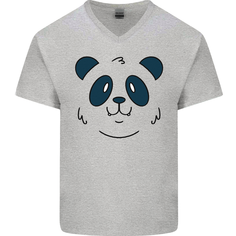A Cute Panda Bear Face Mens V-Neck Cotton T-Shirt Sports Grey