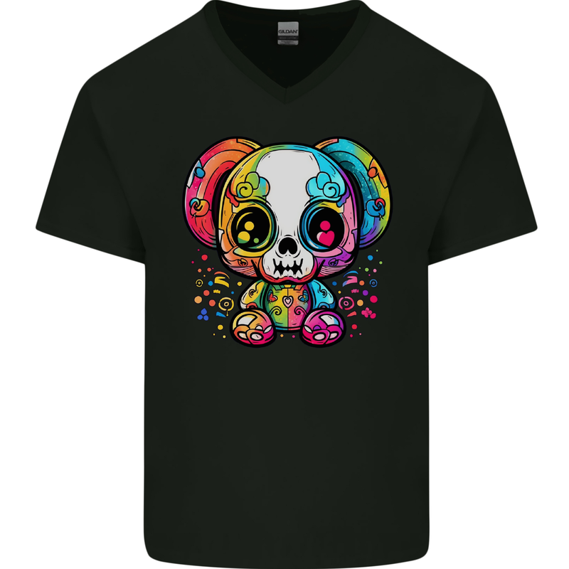A Cute Teddy Bear Demon Skull Mens V-Neck Cotton T-Shirt Black