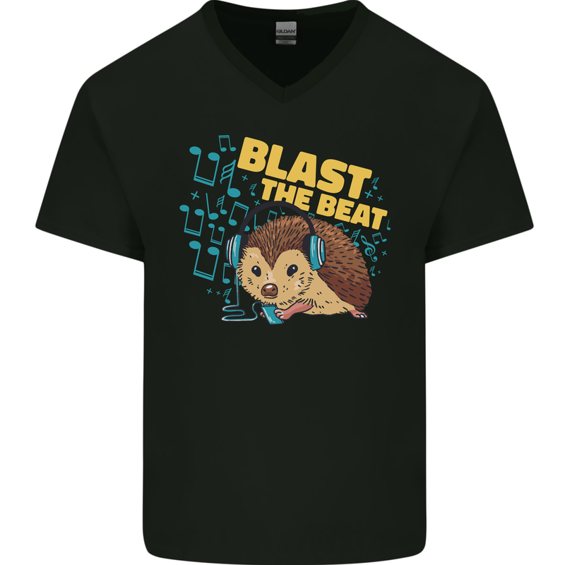 A DJ Hedgehog Headphones Pop Music Mens V-Neck Cotton T-Shirt Black