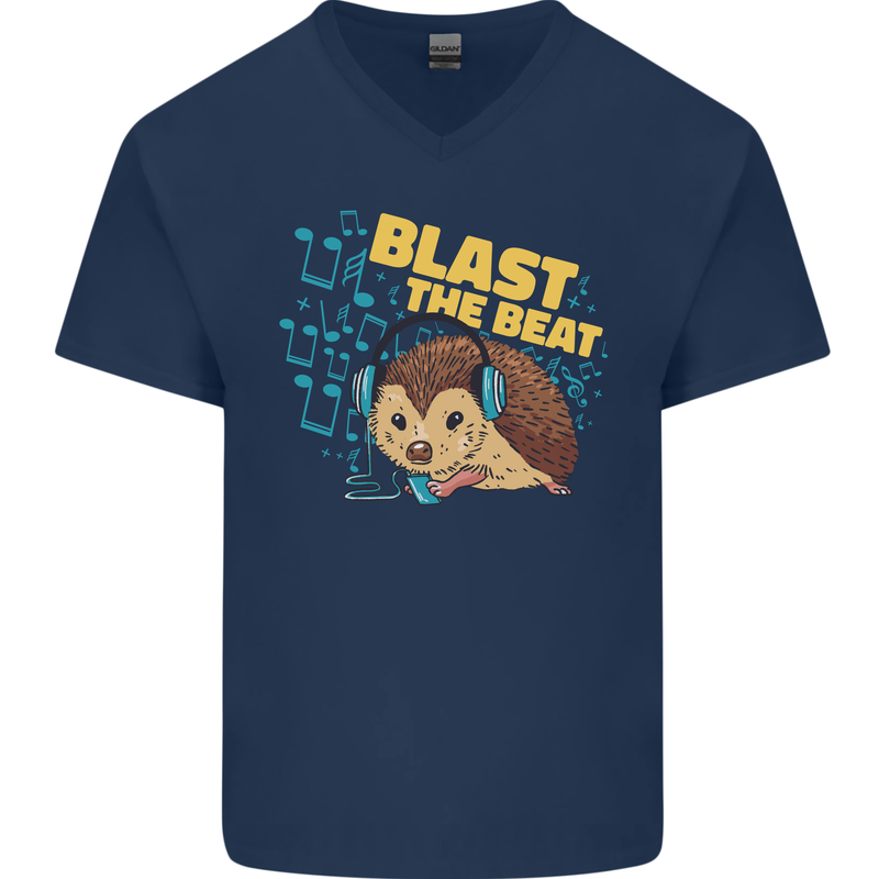 A DJ Hedgehog Headphones Pop Music Mens V-Neck Cotton T-Shirt Navy Blue