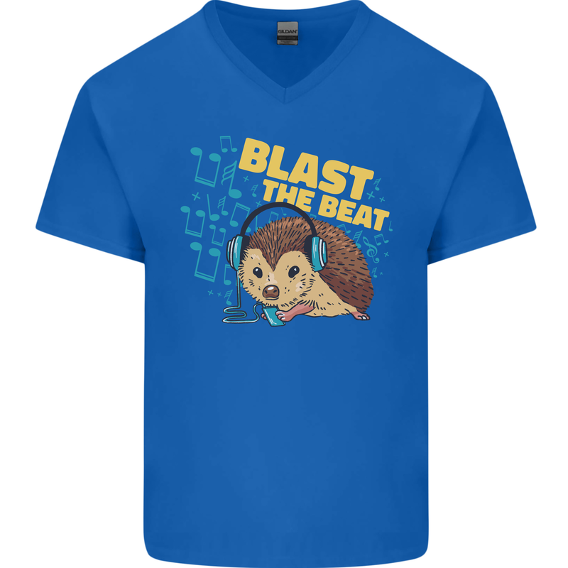 A DJ Hedgehog Headphones Pop Music Mens V-Neck Cotton T-Shirt Royal Blue