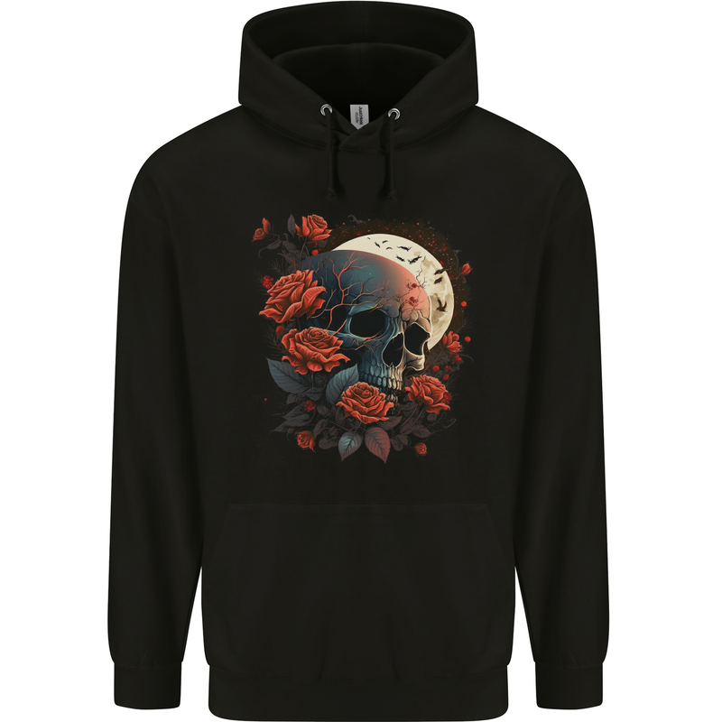 A Dark Fantasy Skull With Roses and Moon Childrens Kids Hoodie Black