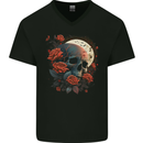 A Dark Fantasy Skull With Roses and Moon Mens V-Neck Cotton T-Shirt Black