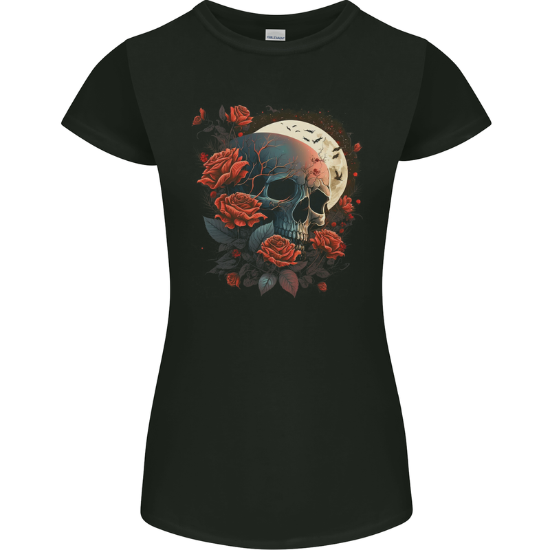 A Dark Fantasy Skull With Roses and Moon Womens Petite Cut T-Shirt Black