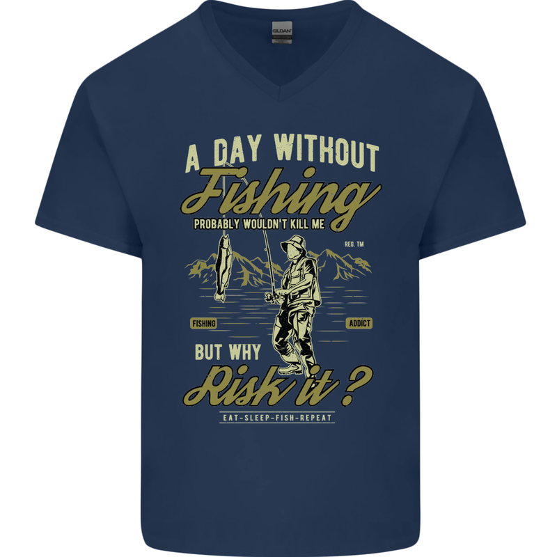 A Day Without Fishing Funny Fisherman Mens V-Neck Cotton T-Shirt Navy Blue