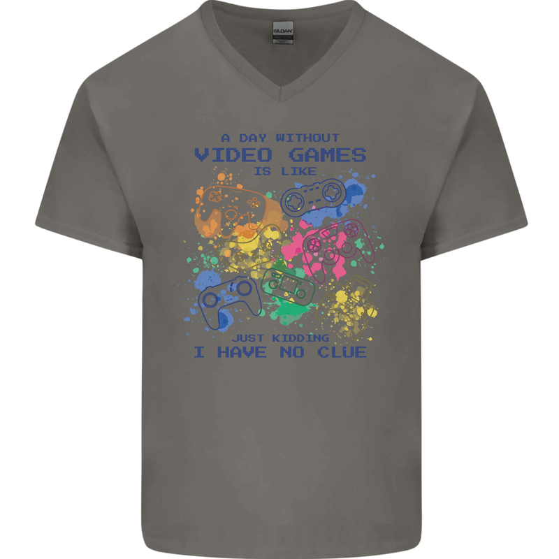 A Day Without Video Games Mens V-Neck Cotton T-Shirt Charcoal