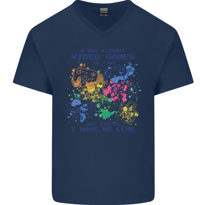 A Day Without Video Games Mens V-Neck Cotton T-Shirt Navy Blue