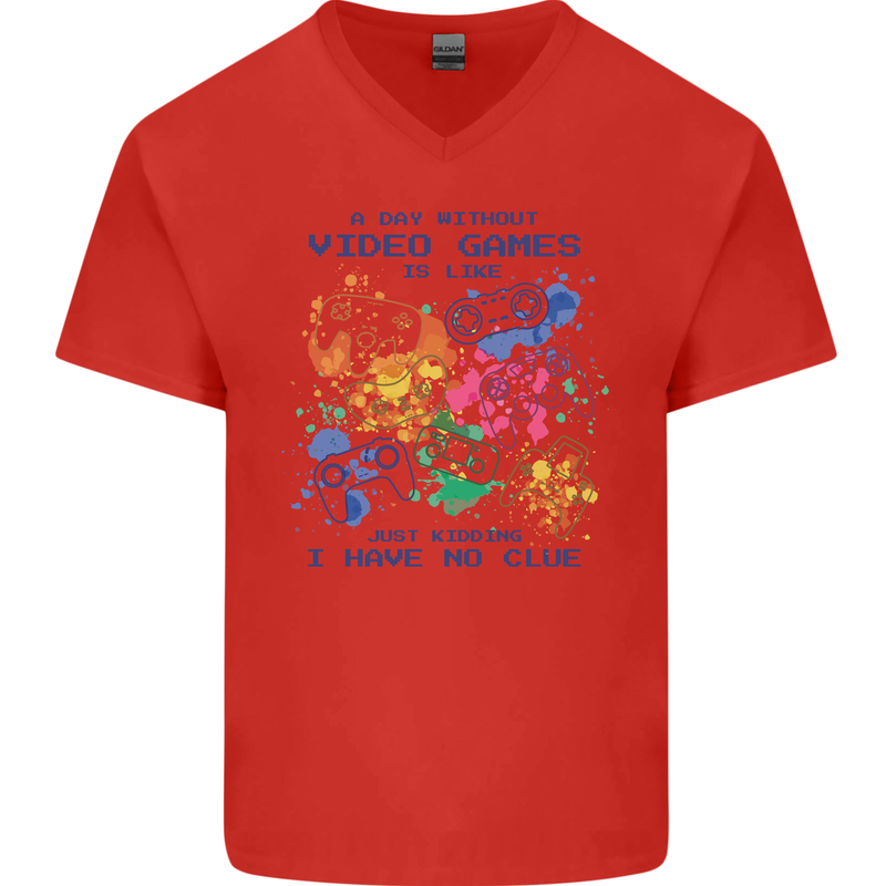 A Day Without Video Games Mens V-Neck Cotton T-Shirt Red