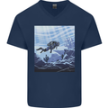 A Deep Sea Scuba Diver Diving Mens V-Neck Cotton T-Shirt Navy Blue