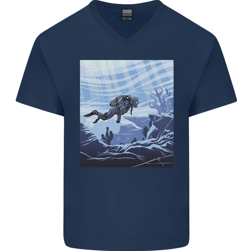 A Deep Sea Scuba Diver Diving Mens V-Neck Cotton T-Shirt Navy Blue