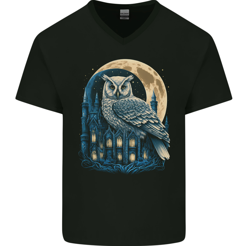 A Fantasy Owl Sitting on a House With Moon Mens V-Neck Cotton T-Shirt Black