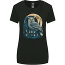 A Fantasy Owl Sitting on a House With Moon Womens Wider Cut T-Shirt Black