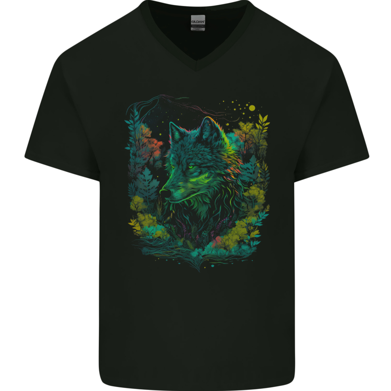 A Fantasy Wolf in the Forest Mens V-Neck Cotton T-Shirt Black