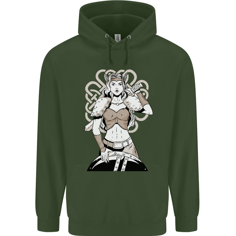A Female Viking Shield Maiden Warrior Childrens Kids Hoodie Forest Green