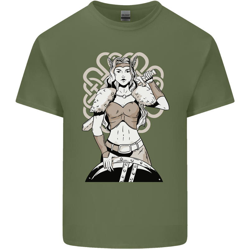 A Female Viking Shield Maiden Warrior Mens Cotton T-Shirt Tee Top Military Green